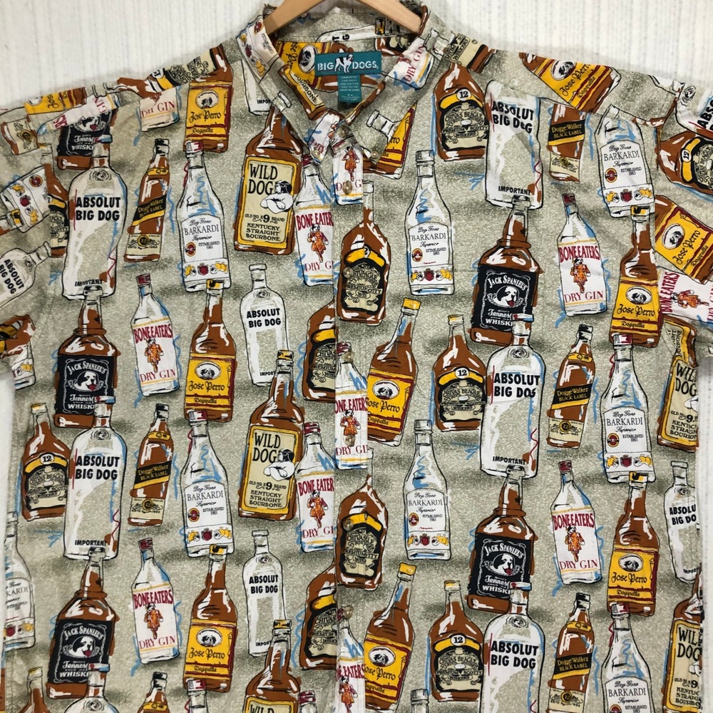 Big Dogs Novelty Print Button Up Short‎ Sleeve Alcohol Bottles Shirt 4XL